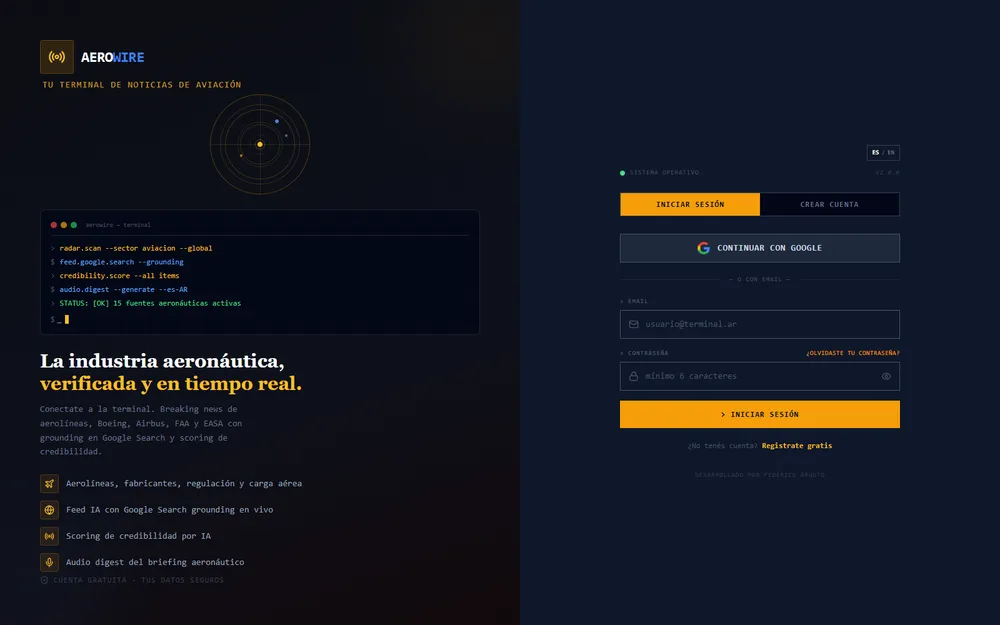 Screenshot del proyecto AeroWire — Noticias de Aviación con IA